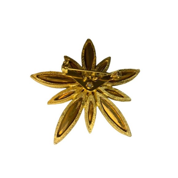 Vintage Goldtone Star Flower Brooch Amber Glass 2" Diameter Pin Retro - Picture 4 of 7